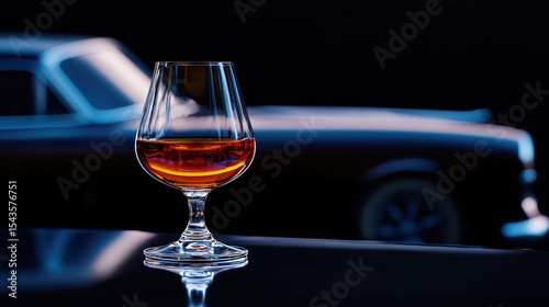 Photorealistic image of glass of amber liquor with vintage car in background, evoking sense of luxury and sophistication