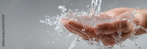 Cupped hands catching flowing water splashing on grey background