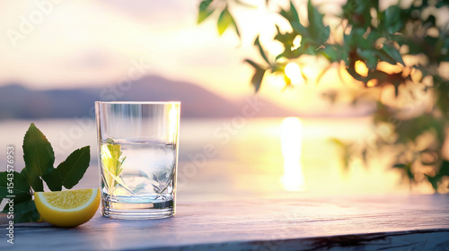 Refreshing glass of ouzo with lemon and mint leaves, set against beautiful sunset by water
