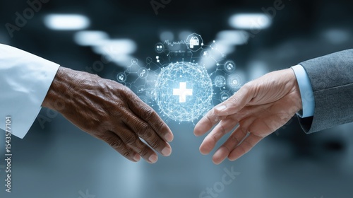 Doctor and businessman joining hands for healthcare innovation