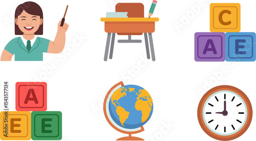 Teacher pointing at board with student desk globe blocks clock apple and colorful schoolroom tools  