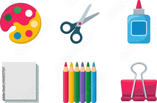 Art school design with crayons paintbrush glue scissors sketch pad and spiral notebook visual bundle  