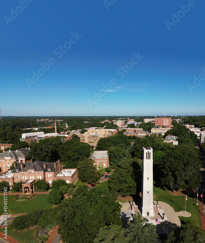 Aerial view of the NC State bell tower and campus in Raleigh, North Carolina