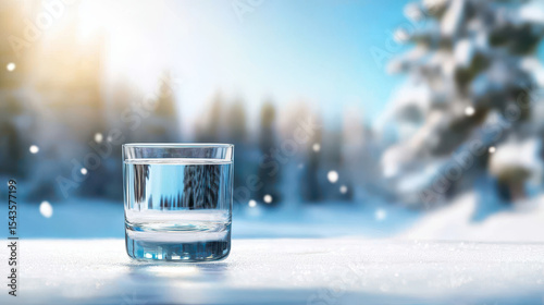 Clear glass of water sits snowy surface, surrounded by serene winter landscape. sunlight glimmers off glass, creating tranquil
