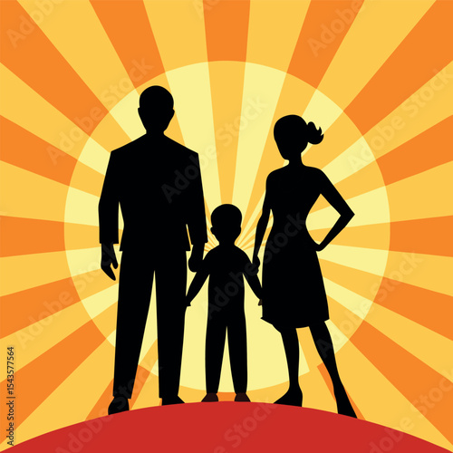 Family Silhouette on a Sunburst Background