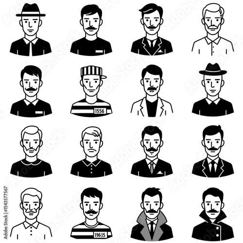 A Collection of Male Facial Portraits Featuring Various Hairstyles and Headwear Demonstrating Diverse Personality and Cultural Representation in Illustration