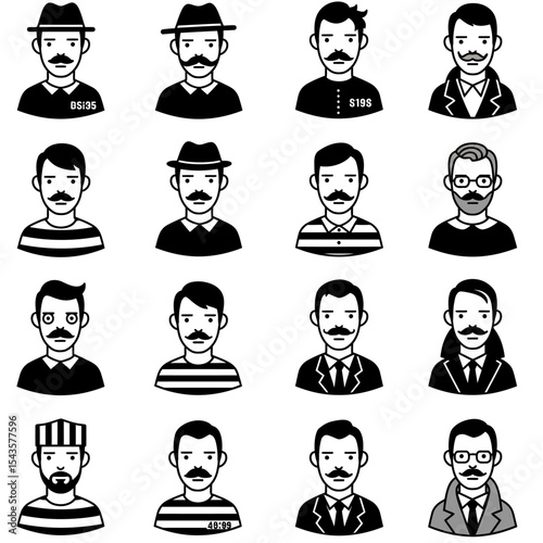 Diverse Collection of Men's Faces in Black and White Featuring Various Facial Expressions and Stylish Headwear and Clothing Accessories