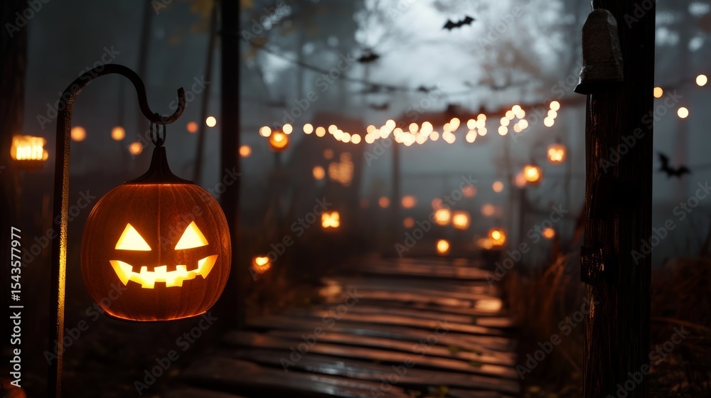 Fototapeta premium Pumpkin lanterns lighting up a spooky path on Halloween night