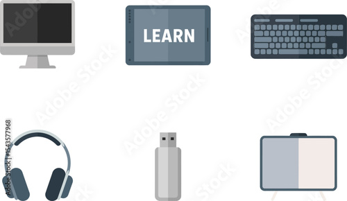 Digital learning icons with computer headset keyboard flash drive and learn text in modern flat style  