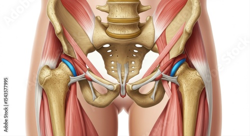 Detailed anatomical illustration of the human pelvis with bones and muscles