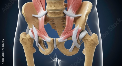 Detailed anatomical illustration showcasing the human pelvis and its associated muscles