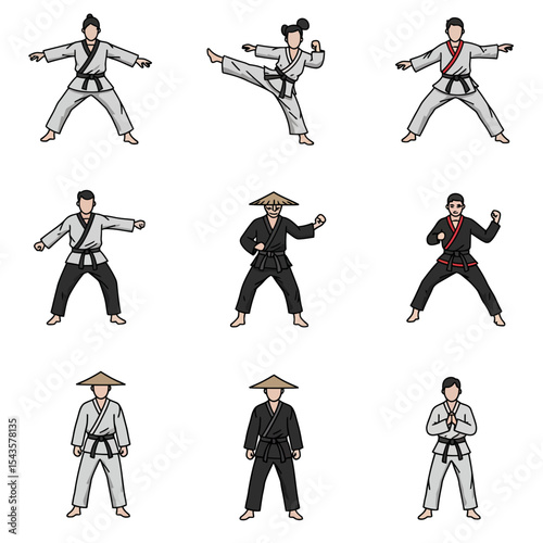 Martial Arts and Traditional Japanese Clothing Illustration Captures Variety of Styles and Cultural Heritage Promoting Fitness and Self Discipline