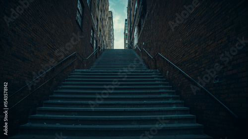 Long stairway leading upwards between brick walls in urban setting
