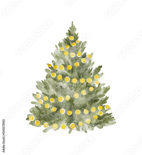 Green watercolor painted Christmas tree decorated with string lights. Vector illustration