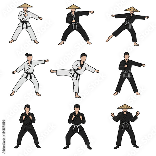 Diverse Martial Arts Styles and Poses Illustrated Depicting Balance Strength and Flexibility Including Karate and Kung Fu Techniques