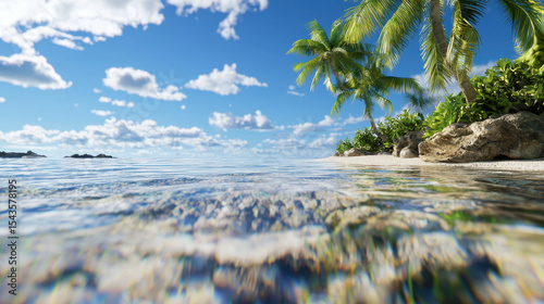 Serene lagoon with shallow water, surrounded by lush palm trees and vibrant greenery, invites relaxation and tranquility