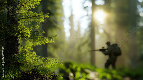 Photorealistic image of hunter tracking game dense forest, showcasing vibrant greenery and soft sunlight filtering through