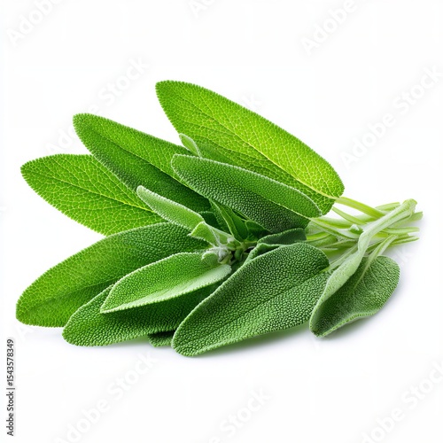 Fresh sage leaves, vibrant green, isolated on white background 
