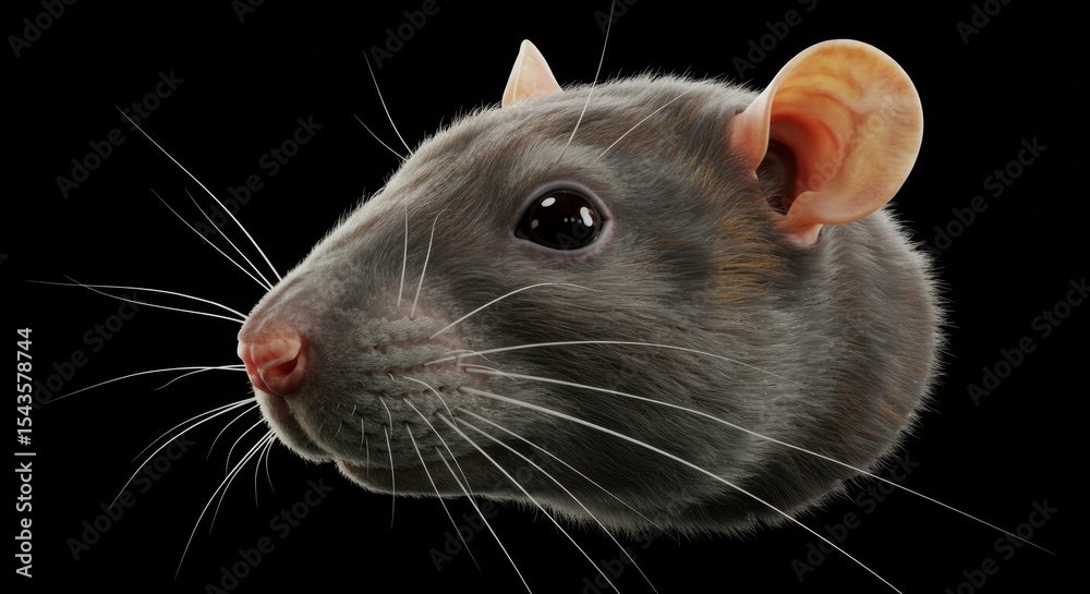 Detailed close-up of a grey rat head with a black background studio shot Detailed close-up of a grey rat head with a black background studio shot