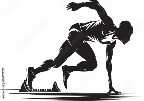 Sprinter in starting position silhouette ready to race on a black and white background