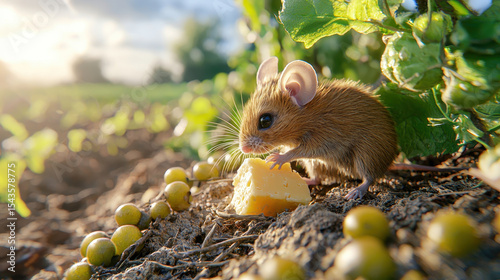 Photorealistic image of mouse nibbling cheese natural setting, surrounded by greenery and sunlight. scene evokes sense