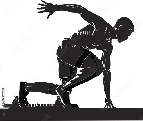Dynamic silhouetted athlete poised at the starting block ready to begin a race competition