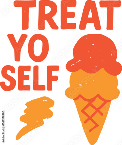 Vector hand‑lettered “Treat Yo Self” ice‑cream cone illustration in bold doodle style
