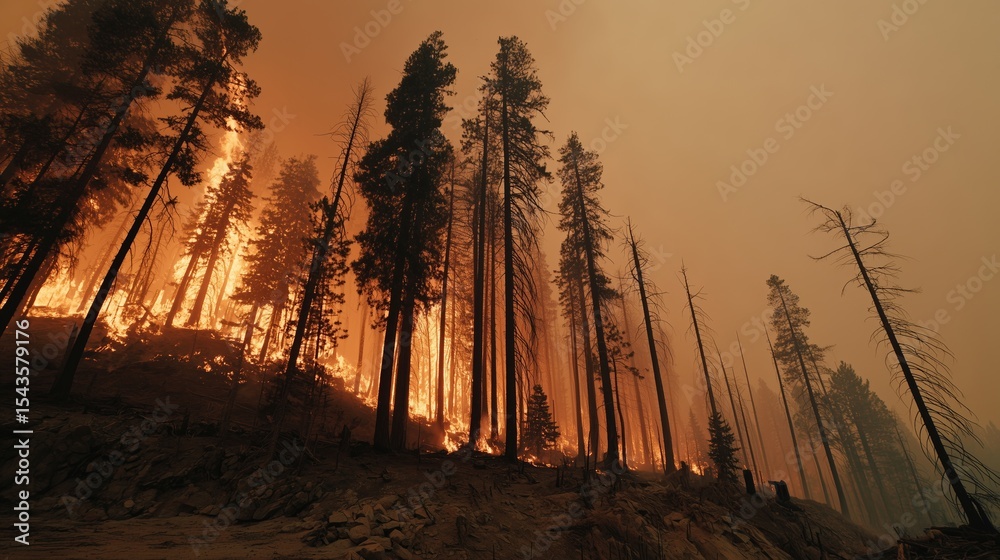 Fototapeta premium Forest fire raging through tall trees, creating an intense orange glow against a smoky sky, highlighting the destructive power of nature