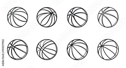 Black and white Basketballs in different shapes and sizes.