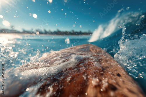 POV Surfboard Nose Cutting Through Small Breaking Wave with Spray