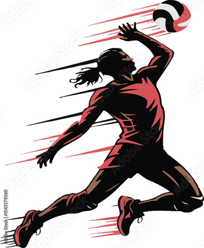 Volleyball player spiking the ball with dramatic motion and dynamic energy depicted in vector art