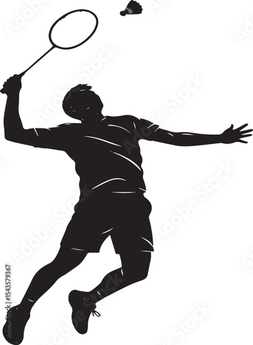 Silhouette of a badminton player in action swinging the racket and serving the shuttlecock