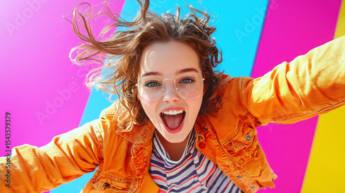 Playful person with curly hair wearing glasses, smiling joyfully in colorful background. vibrant colors enhance cheerful mood