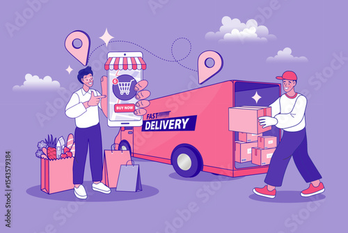 Online shopping. Ecommerce concept. Online delivery service concept. Fast delivery via mobile phone. Smartphone marketing and e-commerce. Man riding motorcycle. Vector outline illustration.
