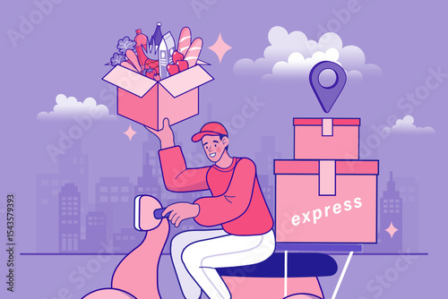 Online shopping. Ecommerce concept. Online delivery service concept. Fast delivery via mobile phone. Smartphone marketing and e-commerce. Man riding motorcycle. Vector outline illustration.