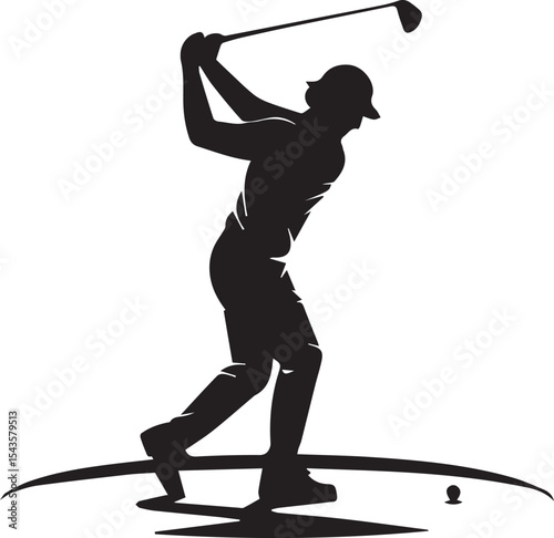 Silhouette of a golf player performing a powerful swing on a green golf course