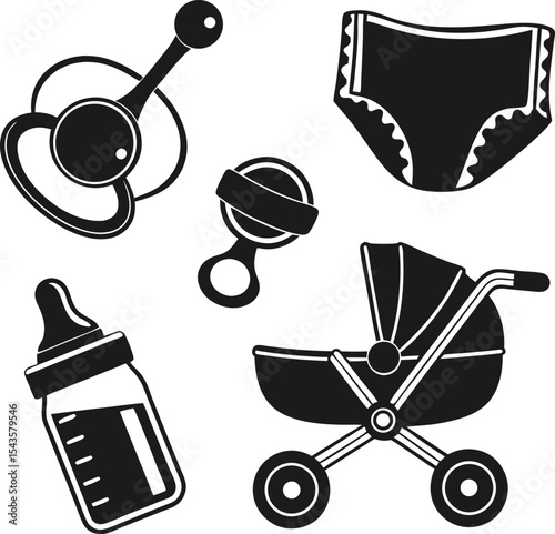 Black and white baby related icons rattles bottle diaper stroller isolated