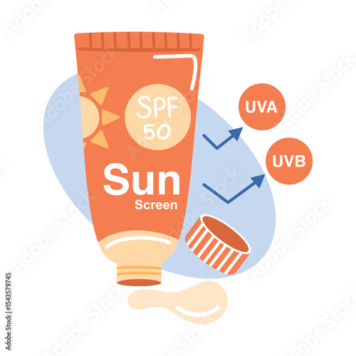 Sunscreen tube with SPF 50, showing UVA and UVB protection. Essential for sun care and healthy skin