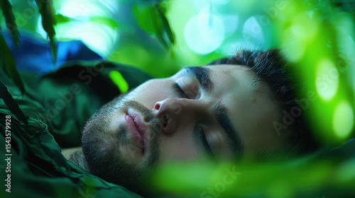 Serene image of person resting peacefully among lush greenery, conveying sense of tranquility and exhaustion