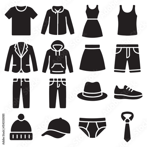 Clothes icons set vector. Sweatshirt, hoody, pullover, bathsuit, jacket, evening dress, cardigan, trousers visualization vector illustration.