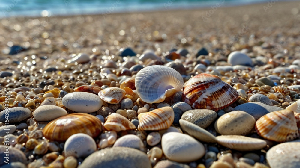 Smooth Sea Shells and Pebbles on Sandy Beach Shore Smooth Sea Shells and Pebbles on Sandy Beach Shore