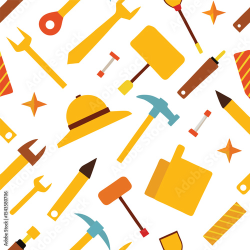 Seamless pattern of construction tools and hats in flat design style on white