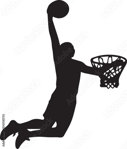 Silhouetted basketball player slam dunking ready to score points in exciting championship game