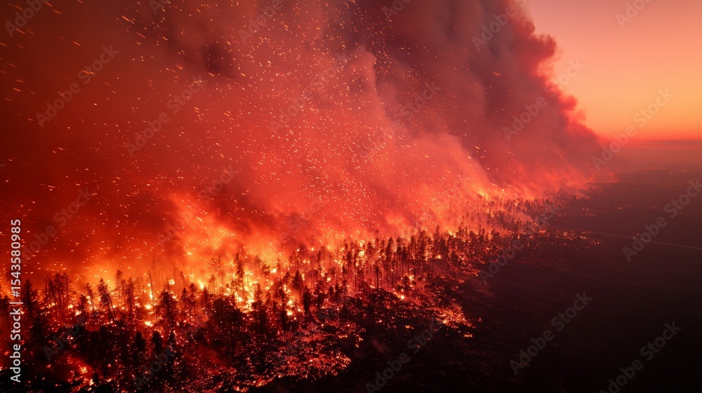 Wildfire raging through forest landscape at sunset, with flames illuminating trees and smoke billowing into the sky, showcasing nature's destructive power Wildfire raging through forest landscape at sunset, with flames illuminating trees and smoke billowing into the sky, showcasing nature's destructive power