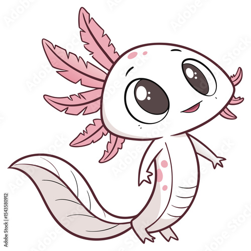Cute cartoon axolotl character standing smiling with big eyes adorable design