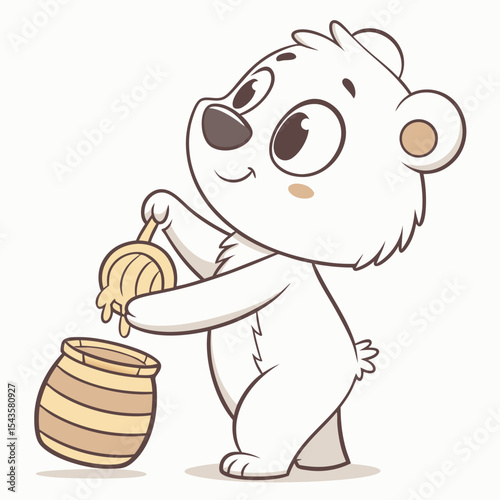 Adorable cartoon polar bear dipping honey from skep into jar