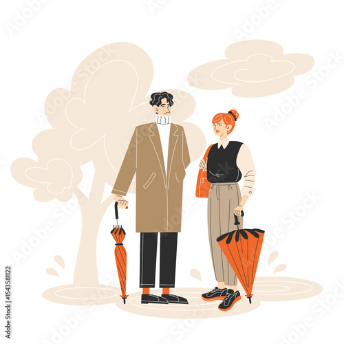 Young Light-Skinned Couple Walking in the Rain with Umbrella in Autumn Park Wearing Casual Business Outfits Flat Style Illustration
