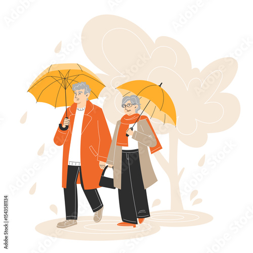 Elderly Couple Walking in the Rain with Umbrellas in Autumn Park Wearing Warm Coats Flat Style Illustration