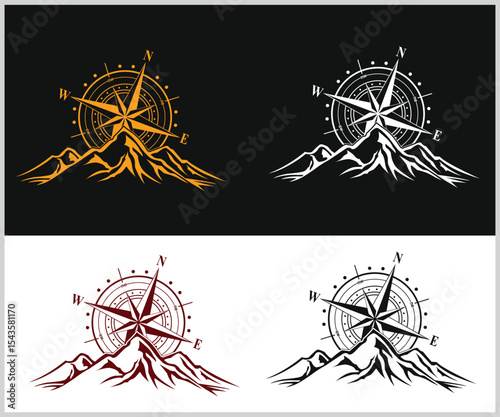 Compass Rose Over Majestic Mountains Four Color Variations