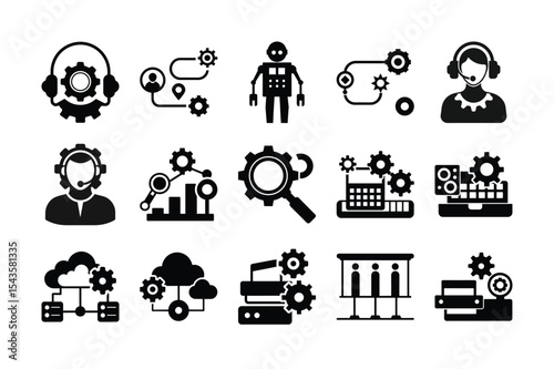 This vector set illustrates various black silhouette icons of business management, people, and strategic symbols